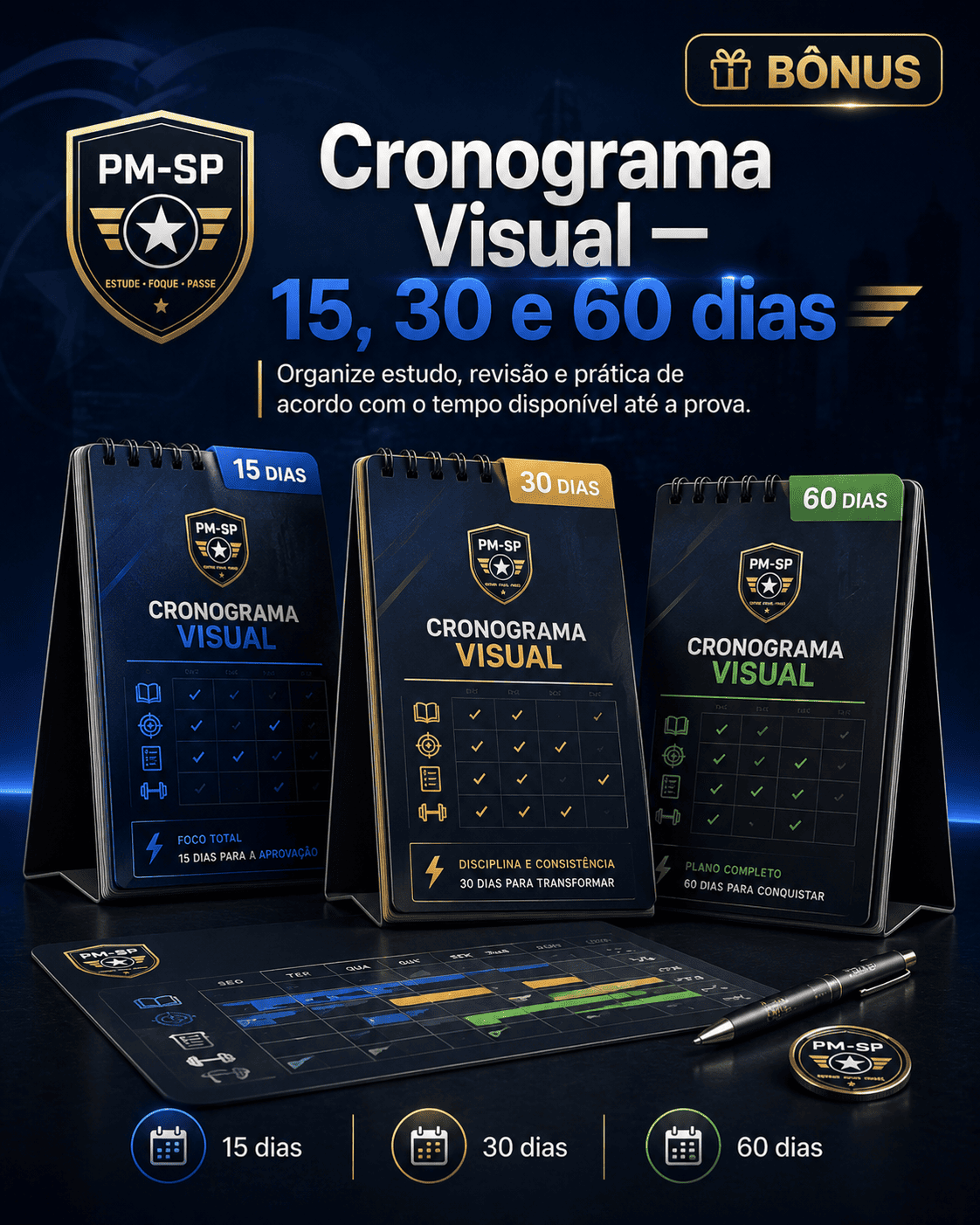Cronograma Visual de Estudos — 15, 30 e 60 dias