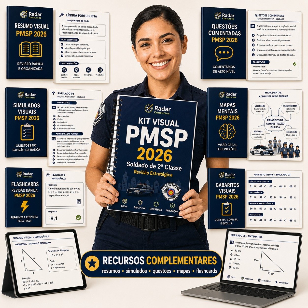 Composição do Kit Visual PM-SP 2026 com recursos de revisão, prática e organização
